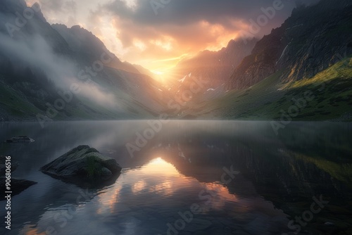 Fototapeta Naklejka Na Ścianę i Meble -  Spectacular sunrise at mountain lake in tatra national park, poland   scenic photography shot