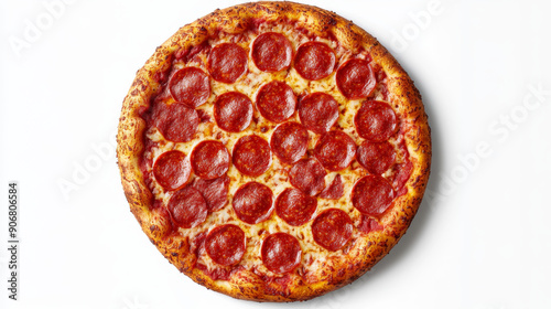 A pepperoni pizza is shown from above on a white background.