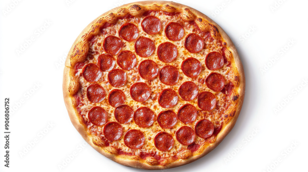 A pepperoni pizza is shown from above on a white background. A pepperoni pizza is shown from above on a white background.