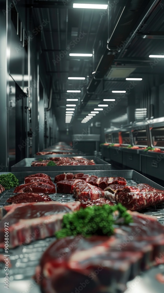 Beef Processing Plant with Raw Meat on Conveyor Belts Beef Processing Plant with Raw Meat on Conveyor Belts