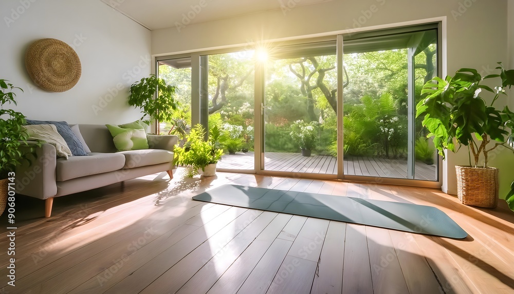 Fototapeta premium Sunlight Streaming Through Large Windows In Modern Living Room