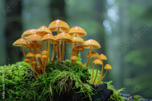 Golden Mushrooms Emerging from the Forest Floor