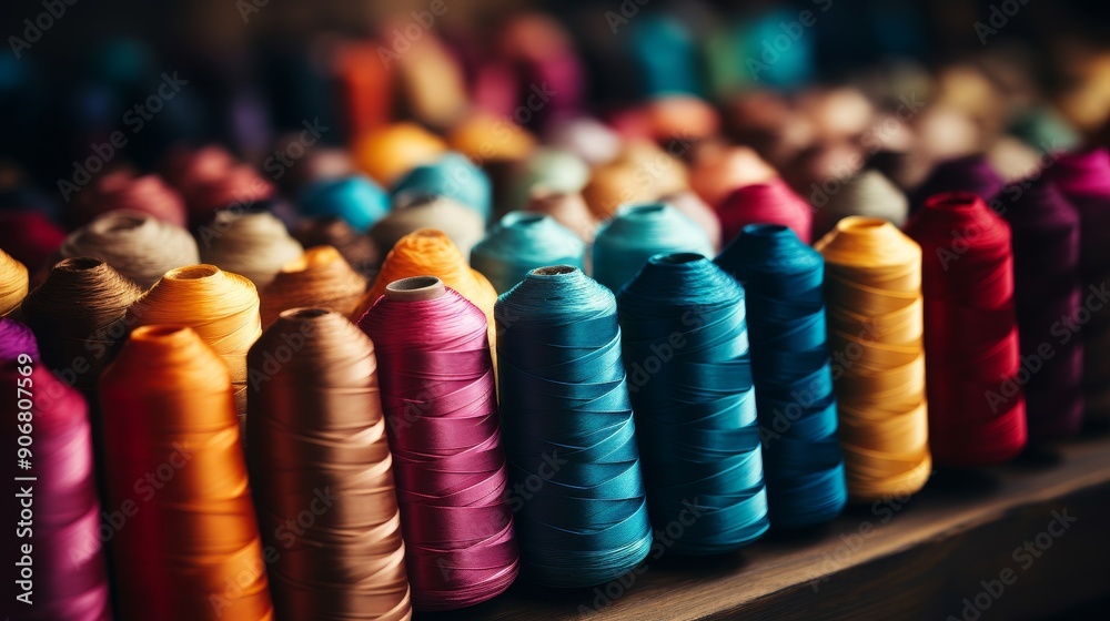 Colorful Threads on Spools Displayed in Rows. Colorful Threads on Spools Displayed in Rows.