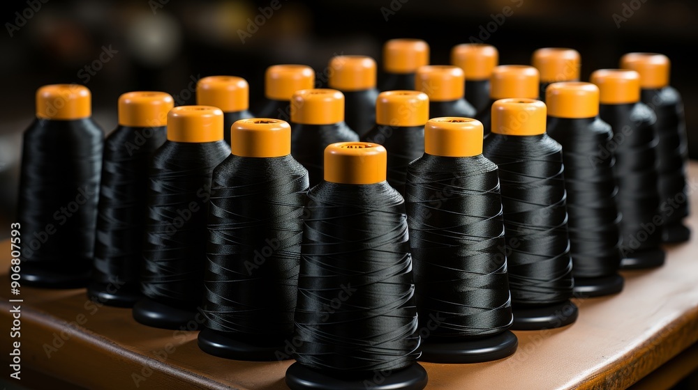 Colorful Threads on Spools Displayed in Rows. Colorful Threads on Spools Displayed in Rows.