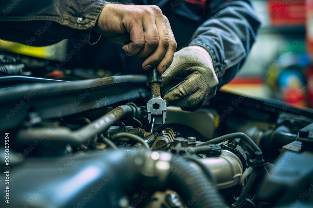 Auto mechanic repairs car engine with tools, raw style automotive photography for advertising Auto mechanic repairs car engine with tools, raw style automotive photography for advertising