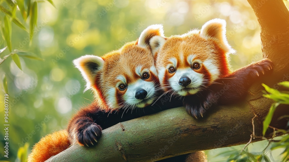 Two baby red pandas are cuddling on a tree branch. Scene is warm and affectionate Two baby red pandas are cuddling on a tree branch. Scene is warm and affectionate