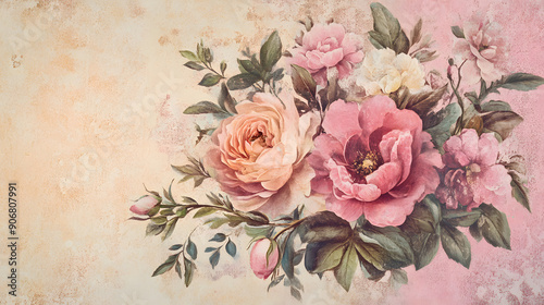 Vintage-style pink roses on a textured background.