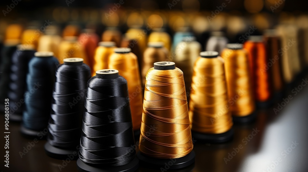Colorful Threads on Spools Displayed in Rows. Colorful Threads on Spools Displayed in Rows.