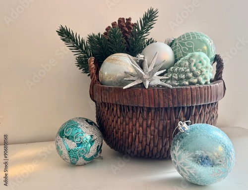 Obraz na plátně Basket of celadon turquoiseChristmas decorations