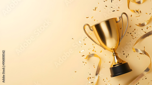 Golden trophy with confetti on a light background. photo