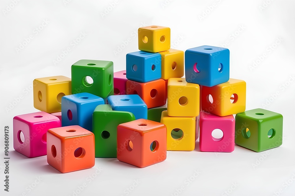 colorful wooden blocks stacked in various arrangements, representing creativity, education, and playful learning in a bright and cheerful setting