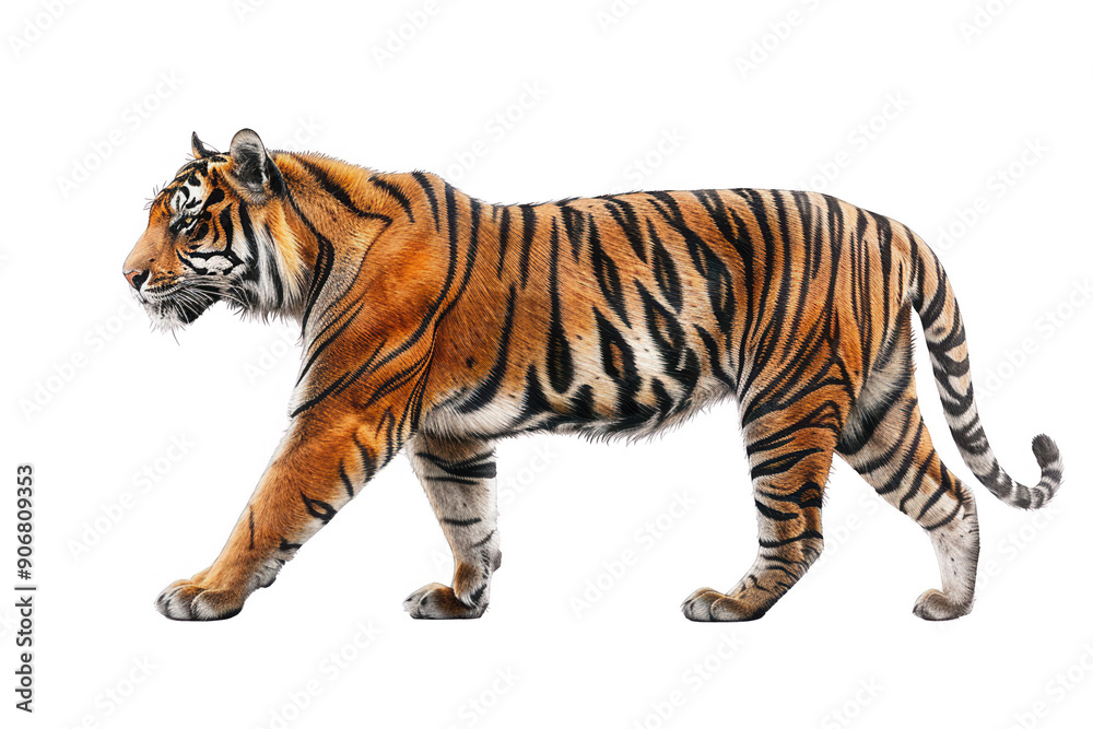 Obraz premium A majestic tiger walking gracefully, showcasing its striking orange fur and bold black stripes, symbol of strength and beauty.