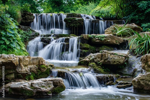 Close up of a clear waterfall in a lush green park cascading gracefully over rocks