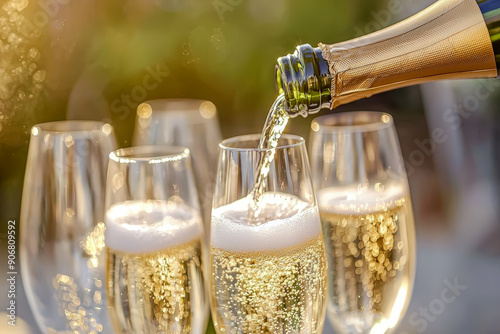 Champagne Sparkling wine Prosecco is poured into Glasses afterward and toasted Digital Art Wallpaper Background Backdrop Brainstorming Cover Card photo