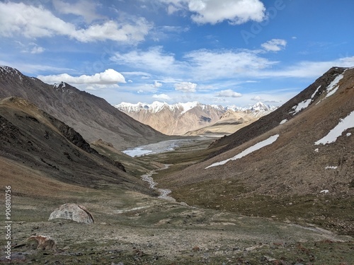 Breathtaking Views of Shimshal Pass in the Pamir Mountains. Shimshal Valley is a remote and breathtakingly beautiful area known for its high-altitude landscapes, rugged mountains, and many more. photo