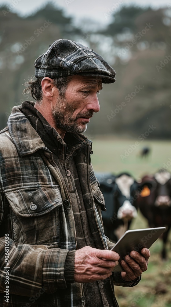 Fototapeta premium A thoughtful farmer using a tablet in a rural field, surrounded by cows, blending tradition with modern technology.