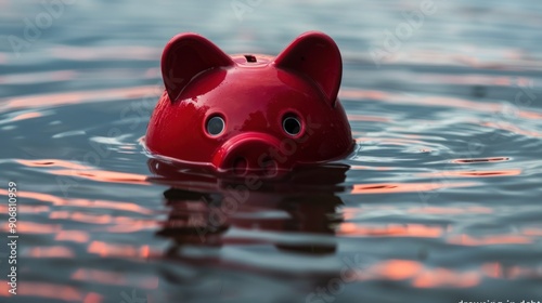 A whimsical red piggy bank floats on calm water, creating a unique contrast between finance and nature.