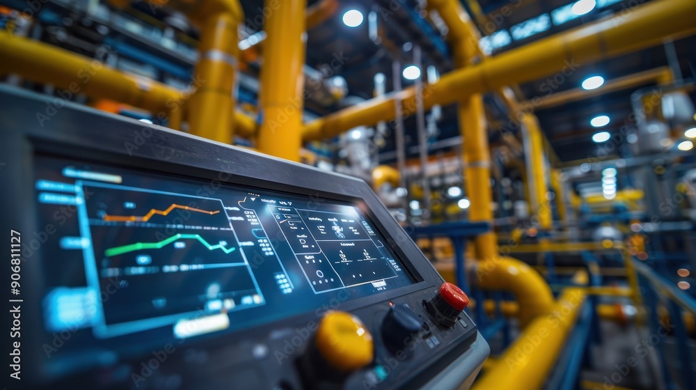 Close-up of a control panel displaying data in an industrial setting with yellow pipes and machinery in the background. Close-up of a control panel displaying data in an industrial setting with yellow pipes and machinery in the background.