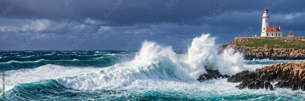Obraz premium dynamic scene at the beach, featuring a large wave crashing against the shore. The wave, a mix of green and white, is breaking up into smaller white foam.