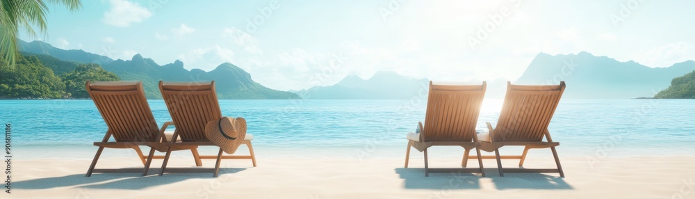 Relaxing beach scene with wooden loungers facing a serene ocean and majestic mountains under a bright sun. Relaxing beach scene with wooden loungers facing a serene ocean and majestic mountains under a bright sun.