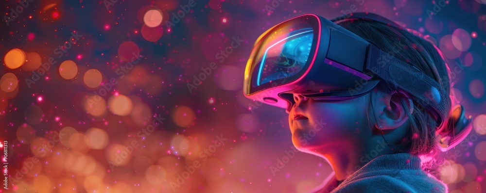 A child explores a vibrant virtual reality world with a VR headset, immersed in a colorful and imaginative environment. A child explores a vibrant virtual reality world with a VR headset, immersed in a colorful and imaginative environment.