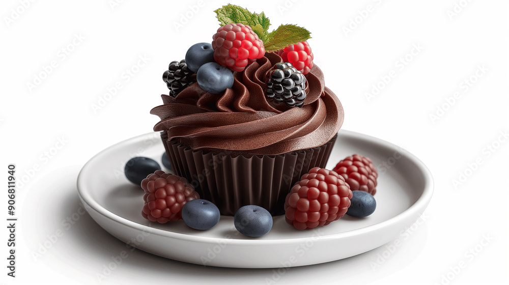 A chocolate cupcake with blueberries and raspberries on top A chocolate cupcake with blueberries and raspberries on top