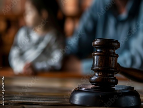 Legal justice symbol gavel close up with blurred child, symbolizing child custody concept