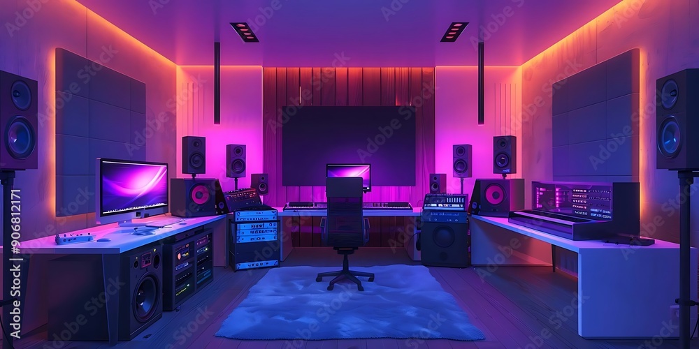 Modern Home Music Studio with LED Lighting and Professional Equipment Modern Home Music Studio with LED Lighting and Professional Equipment