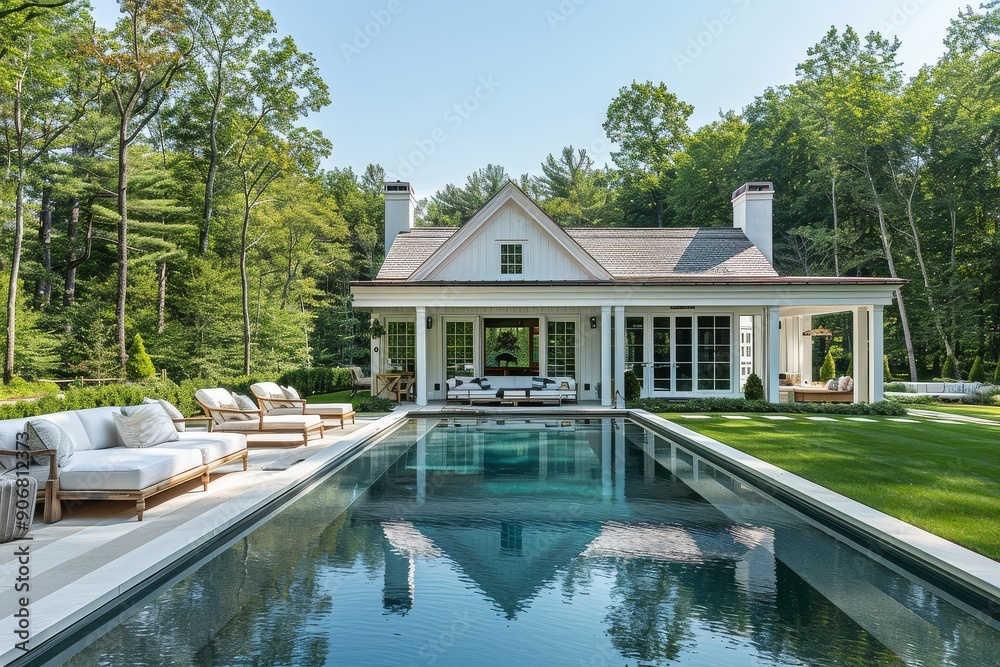 Classic pool house with open-air lounge area, surrounded by lush greenery and sparkling swimming pool, white exterior blending with natural surroundings, serene summer relaxation, New England setting, Classic pool house with open-air lounge area, surrounded by lush greenery and sparkling swimming pool, white exterior blending with natural surroundings, serene summer relaxation, New England setting,
