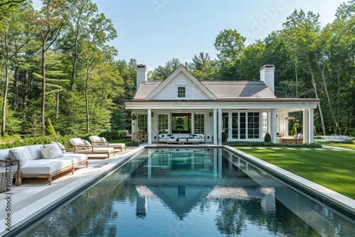 Classic pool house with open-air lounge area, surrounded by lush greenery and sparkling swimming pool, white exterior blending with natural surroundings, serene summer relaxation, New England setting,