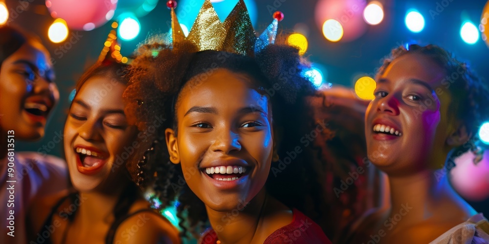 Crowning Joy: Group of Friends Celebrating with a Smile at a Festive Party Crowning Joy: Group of Friends Celebrating with a Smile at a Festive Party