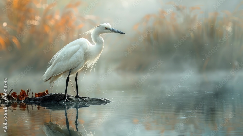 Fototapeta premium A White Egret Standing on a Log in a Misty Lake