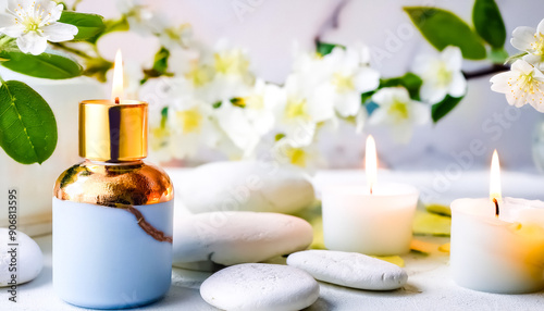 Spa  Candles and Essential Oil with White Flowers