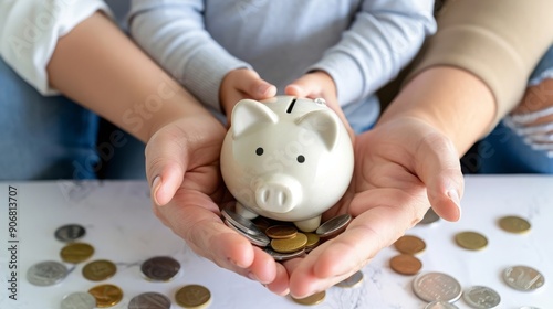 Semi close-up of a family s hands holding coins and a piggy bank, symbolizing collective savings, more clarity with clear light and sharp focus, high detailed photo