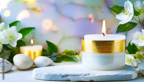 White Candle with Gold Band and Jasmine Flowers