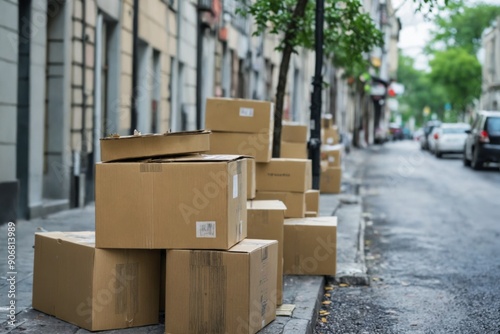 Pile cardboard boxes side street are stacked top Stack of cardbo photo