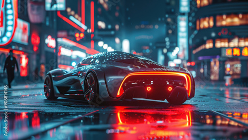 Futuristic modern electric sports car in city, rear view with neon lights at night, fast transport concept