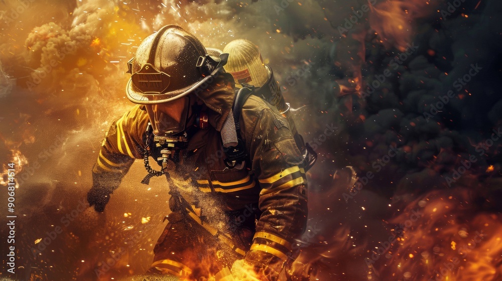 professional firefighter in suit in the middle of fire and smoke with copy space professional firefighter in suit in the middle of fire and smoke with copy space