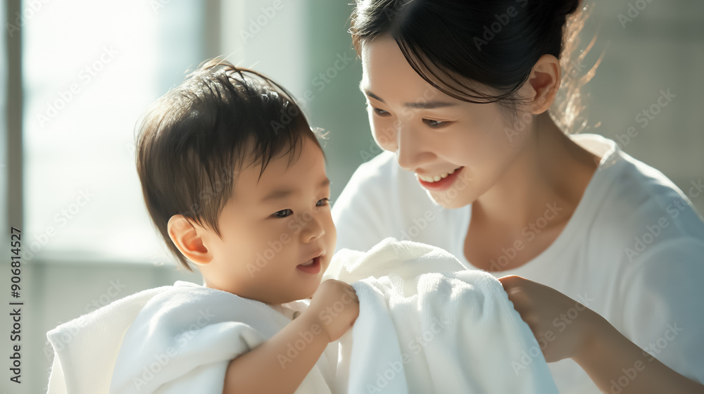 Mother wrapping her smiling baby in a towel after a bath, capturing a tender moment of love and bonding at home Mother wrapping her smiling baby in a towel after a bath, capturing a tender moment of love and bonding at home