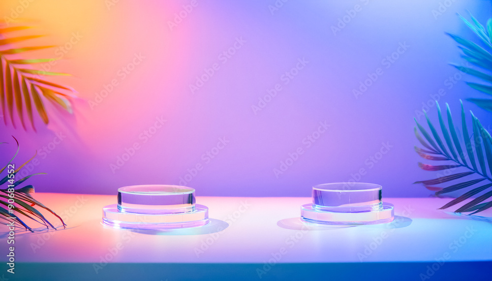 Glass Display Platforms with Palm Leaves and Gradient Background Glass Display Platforms with Palm Leaves and Gradient Background