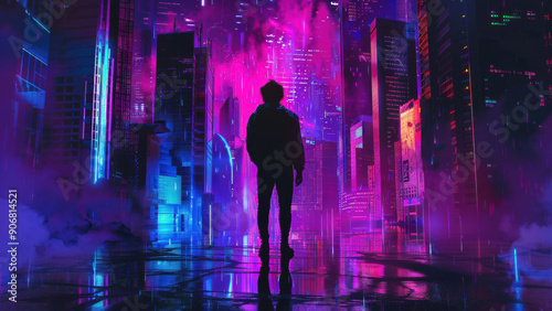 Silhouette of young man standing in modern cyberpunk city at night with neon lights