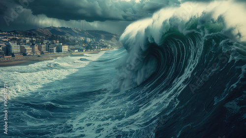 Fototapeta Naklejka Na Ścianę i Meble -  Huge tidal wave tsunami approaching beach coast, extreme weather climate crisis concept