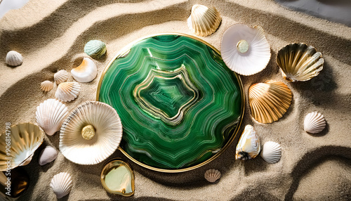 Green and Gold Seashells on Sand photo