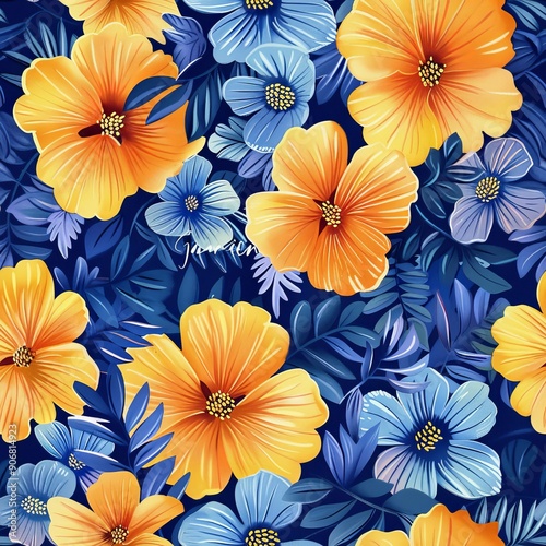 Seamless pattern with hibiscus flowers. illustration.