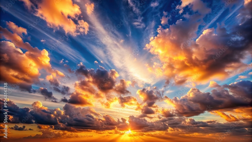 Fototapeta premium Beautiful sunset sky with fluffy clouds casting a warm glow , sunset, sky, clouds, dusk, atmosphere, evening, nature