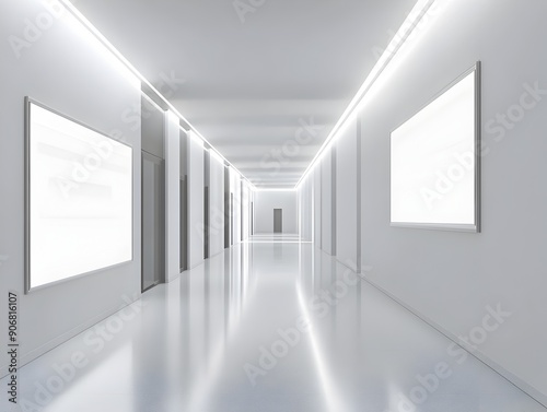 Minimalist Hallway with Bright Lighting and Symmetrical Design for Educational or Professional