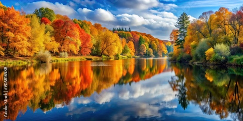 Autumn landscape with a river, showing colorful trees reflecting in the water, autumn, landscape, river, trees, colorful