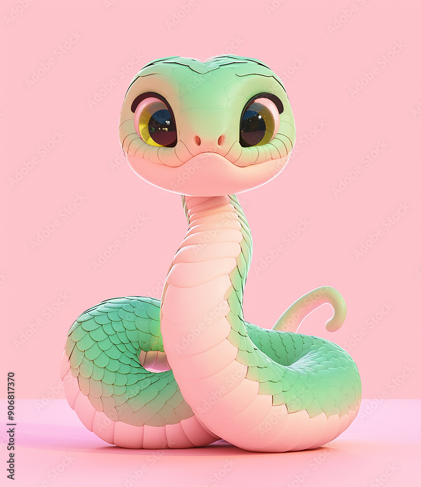 Fototapeta premium 2025 A cartoon snake with a pink and green body and a pink head