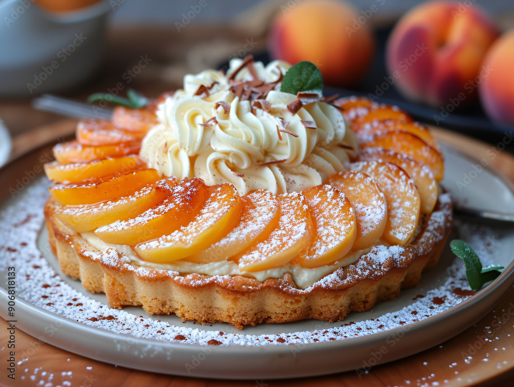 a tart with a whipped cream topping and peaches, presented on a wooden table with a backdrop of greenery. a tart with a whipped cream topping and peaches, presented on a wooden table with a backdrop of greenery.