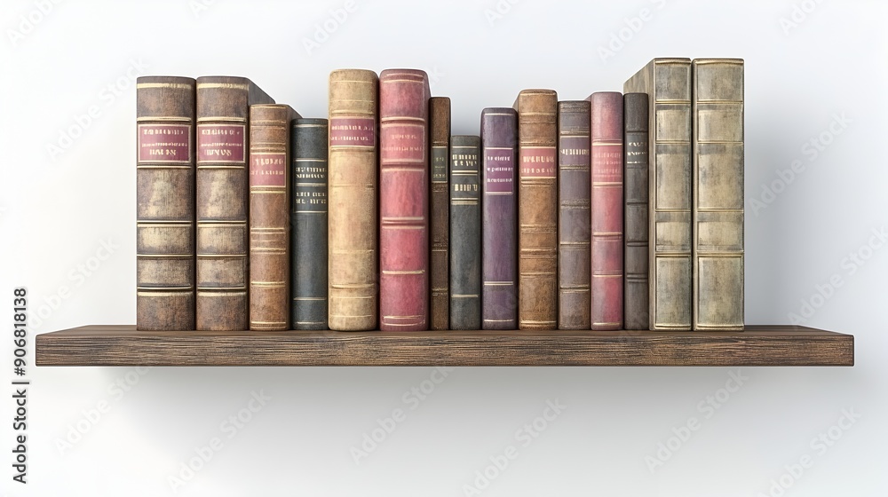 Naklejka premium Vintage Library Books Arranged on Wooden Shelf in Studio Setting